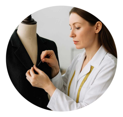 Realizzazione prototipi Una donna tramite degli spilli corregge una giacca sul manichino