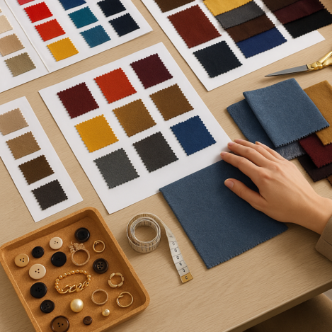 tendenze moda cartelle colori e referenze tessuto su una scrivania