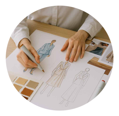 Tavolo di lavoro di uno stilista Mani su figurini di moda e campioni di tessuto